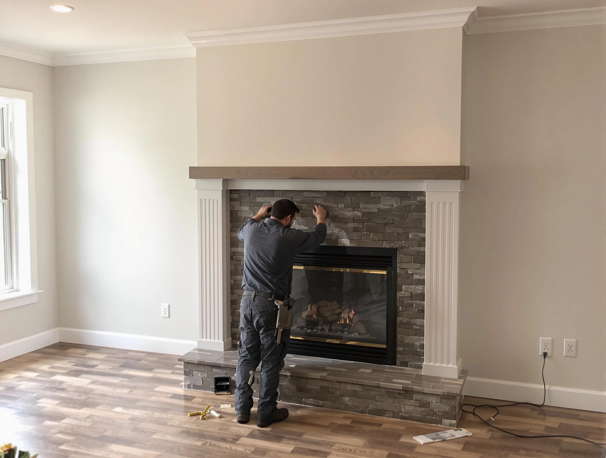 Fall River Chimney Sweep finishing a custom fireplace install in Fall River, MA