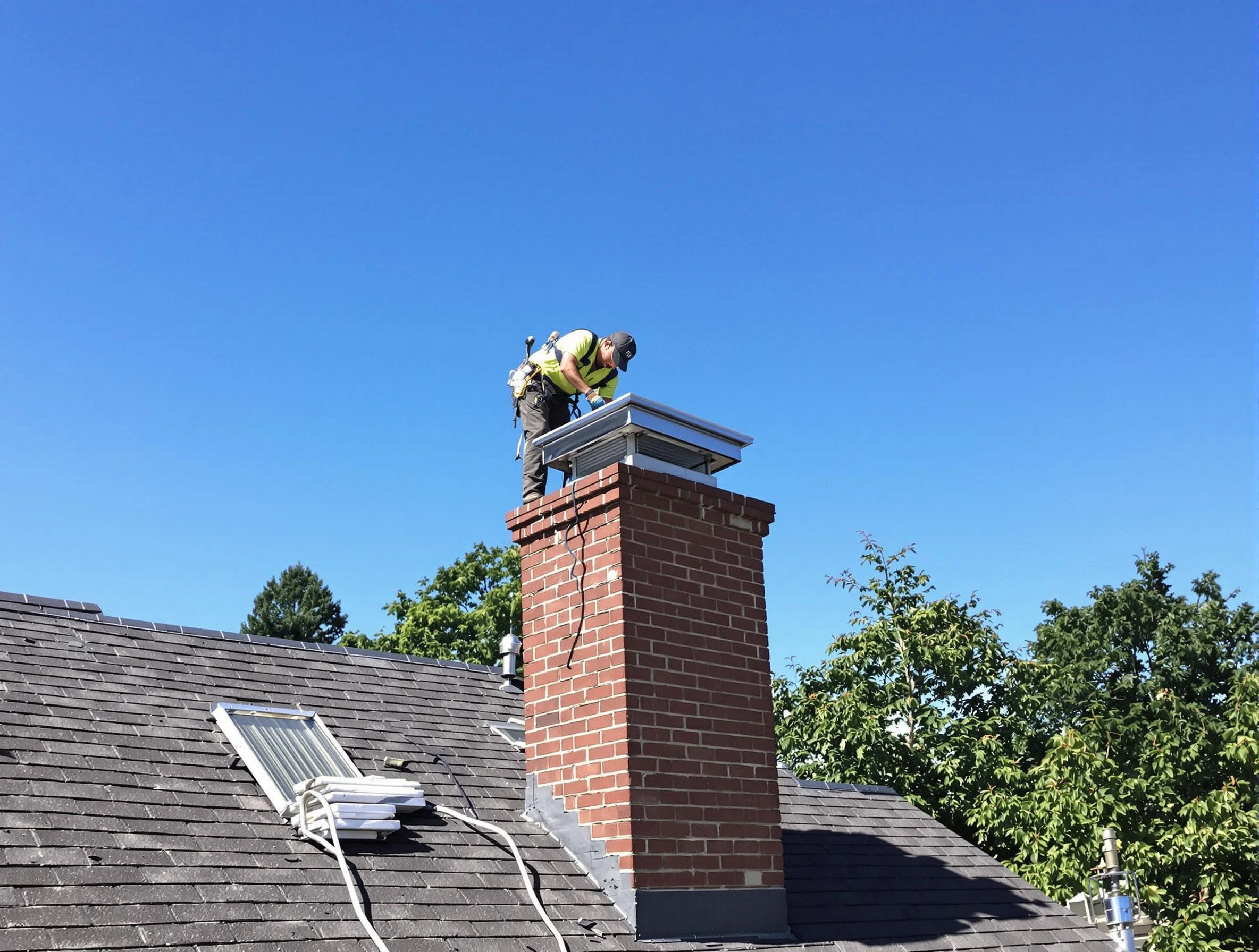 Fall River Chimney Sweep technician measuring a chimney cap in Fall River, MA