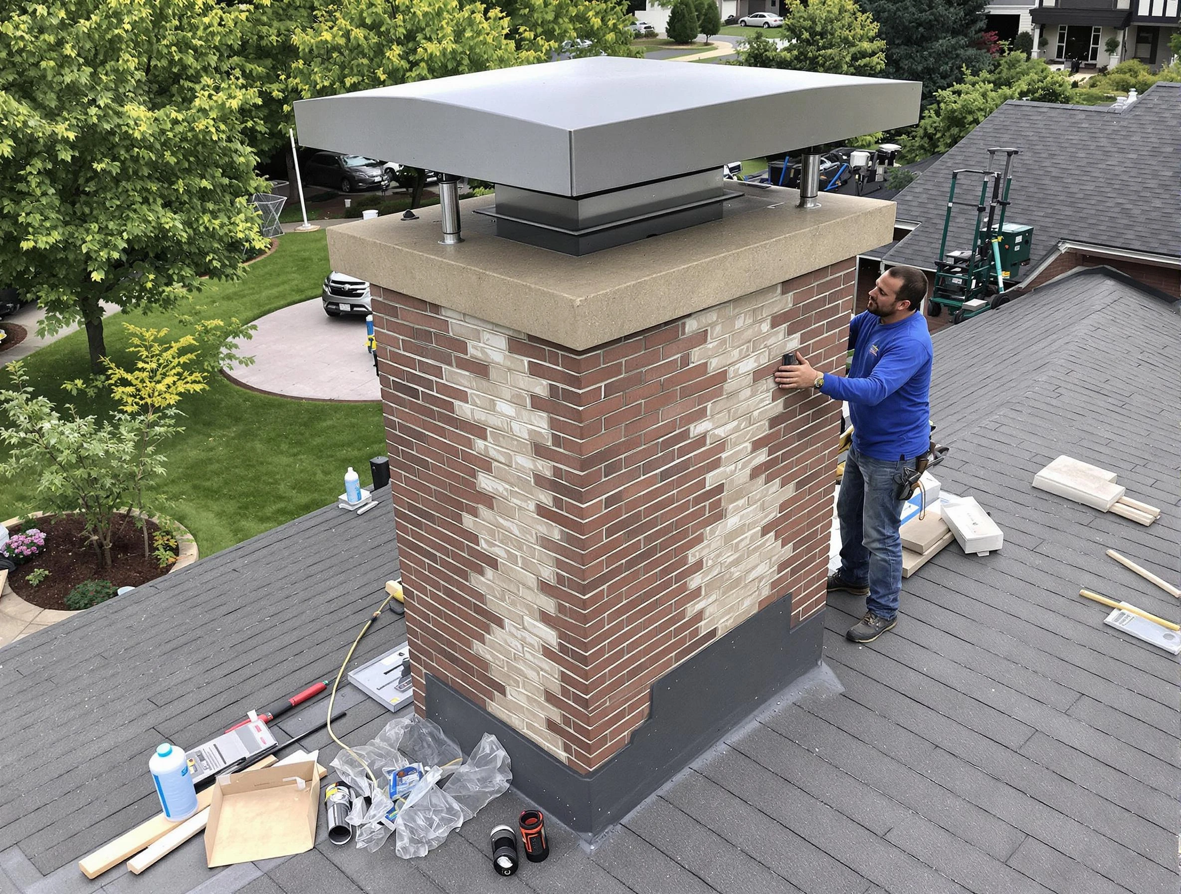 Fall River Chimney Sweep team working on a custom chimney remodel in Fall River, MA